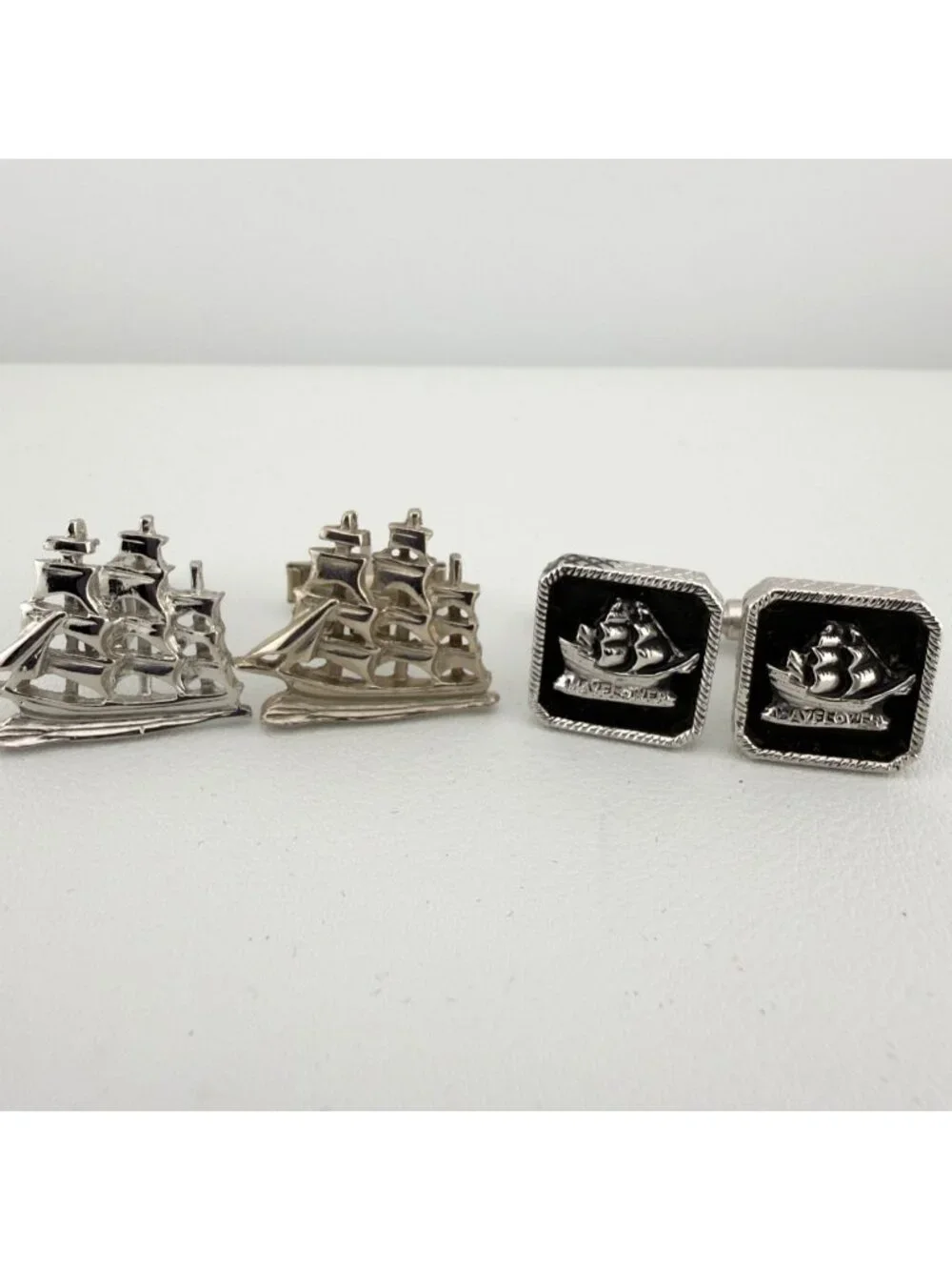 Vintage Cufflinks Set of 2 Tall Ships Mayflower Silver Tone Nautical Sailing